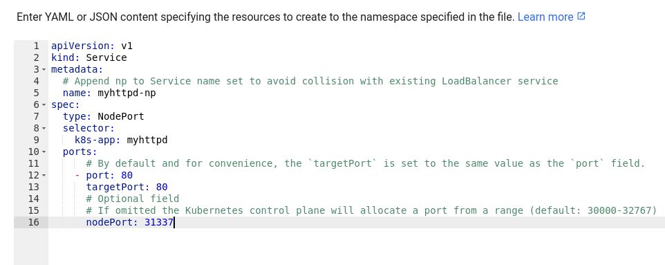 Defining a NodePort service