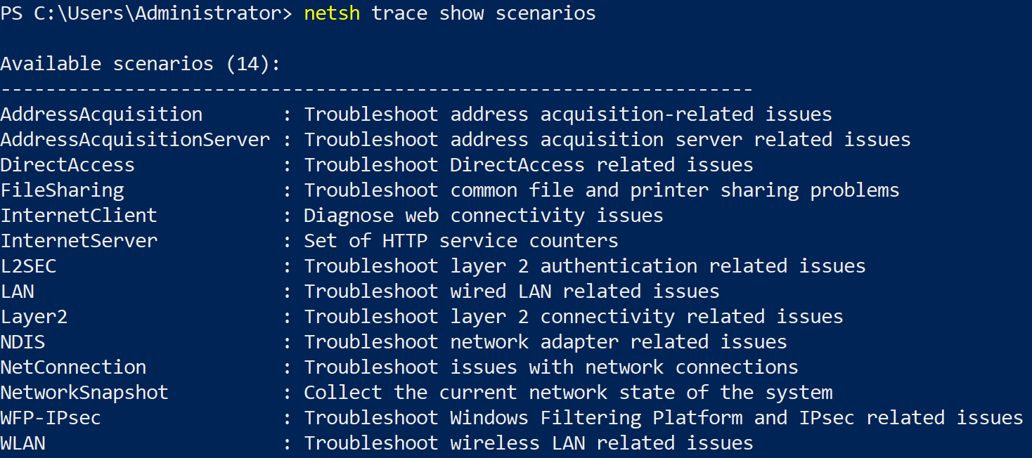 Checking Scenarios Available in Netsh Trace Context