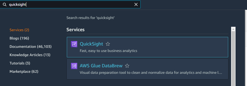 Searching QuickSight in AWS