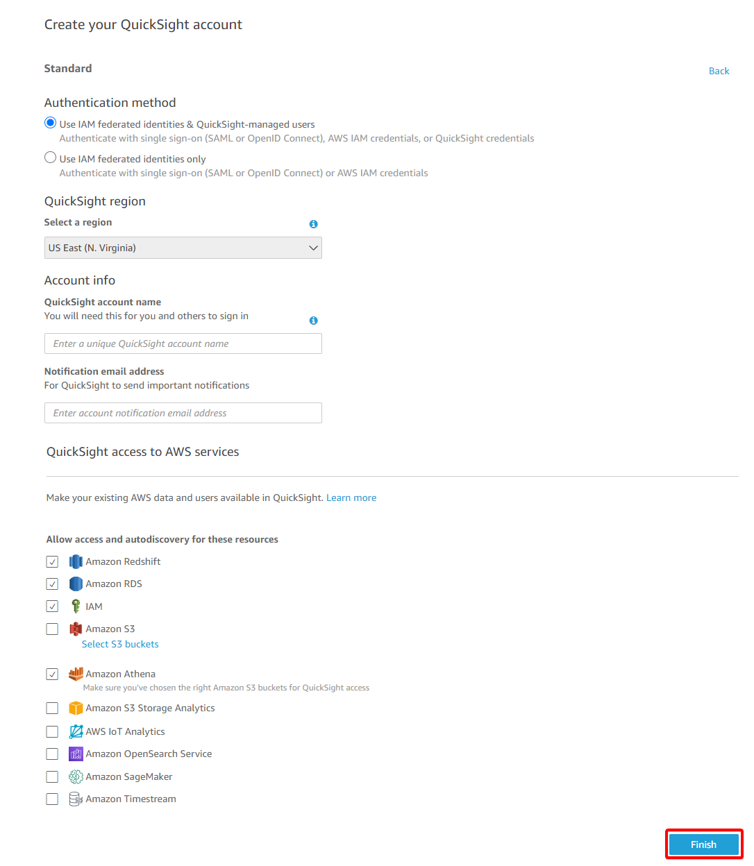 Filling up QuickSight Account Creation Form