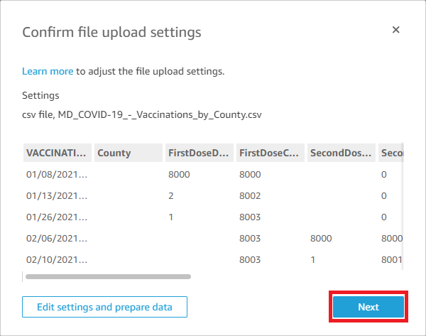 Confirming Dataset File Upload Settings