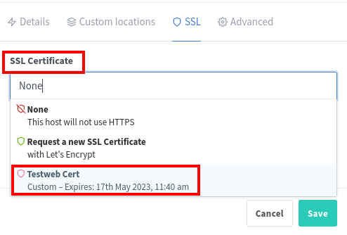 Selecting a certificate for a Proxy Host