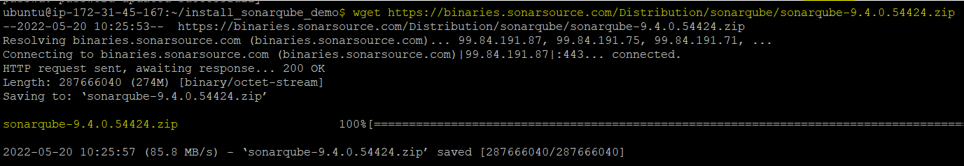 Downloading the SonarQube Zip file 