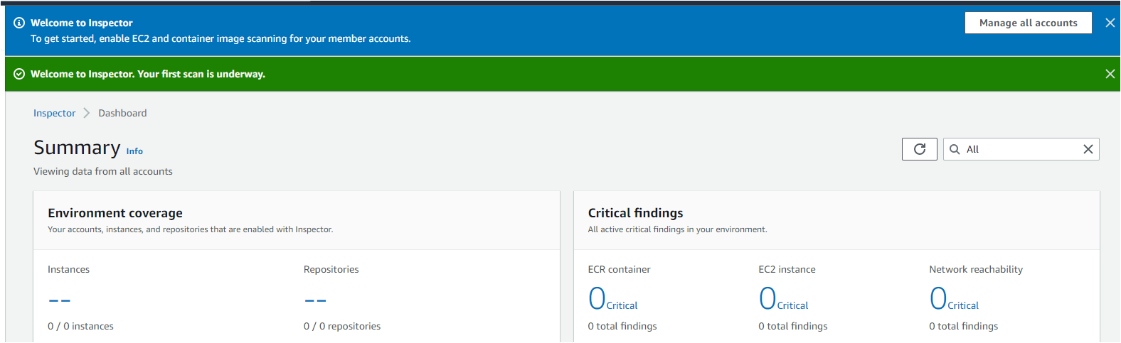 Viewing the AWS Inspector Dashboard