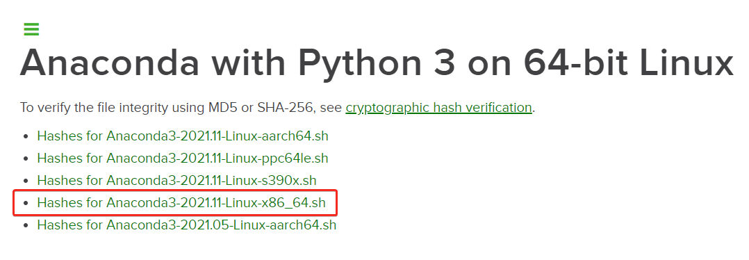 Selecting Anaconda Linux 64-bit Hashes