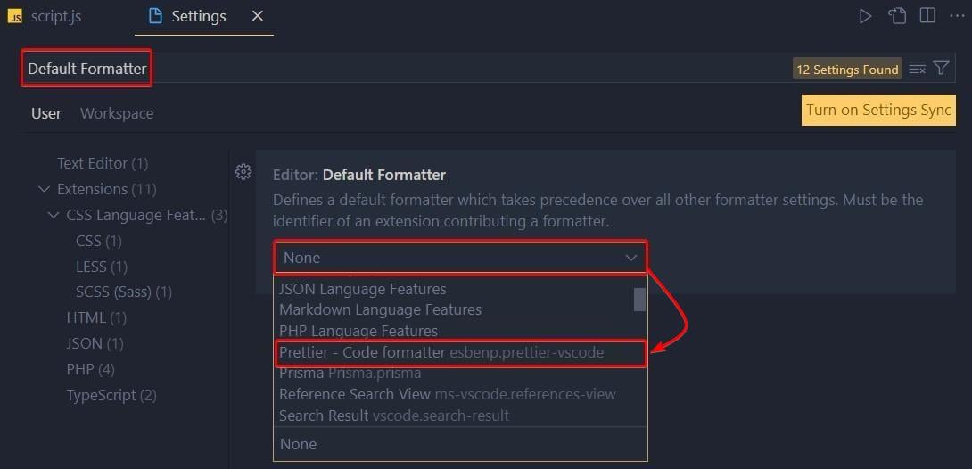 Setting Prettier as default code formatter