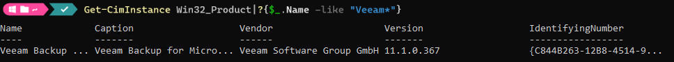 Viewing Product Information from the Win32_Product Class for Veeam