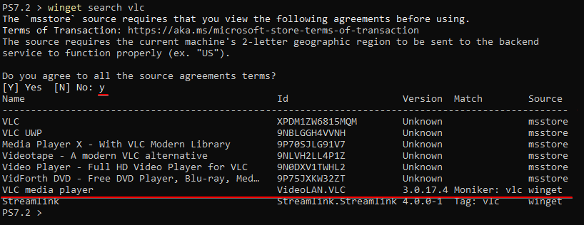 Finding a Software (VLC media player) using winget Command