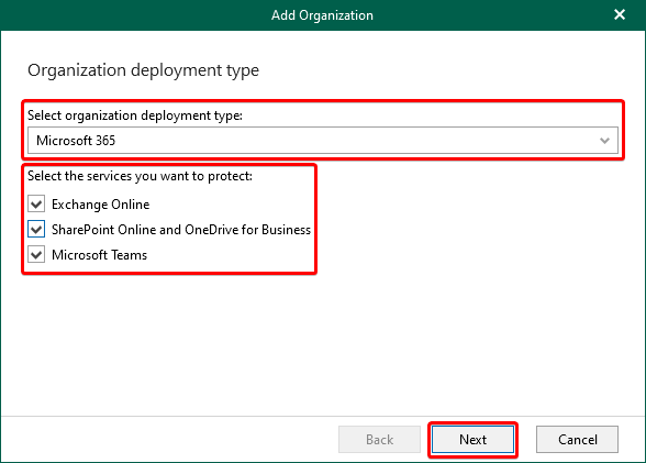 Selecting Organization Deployment Type and Services to Protect