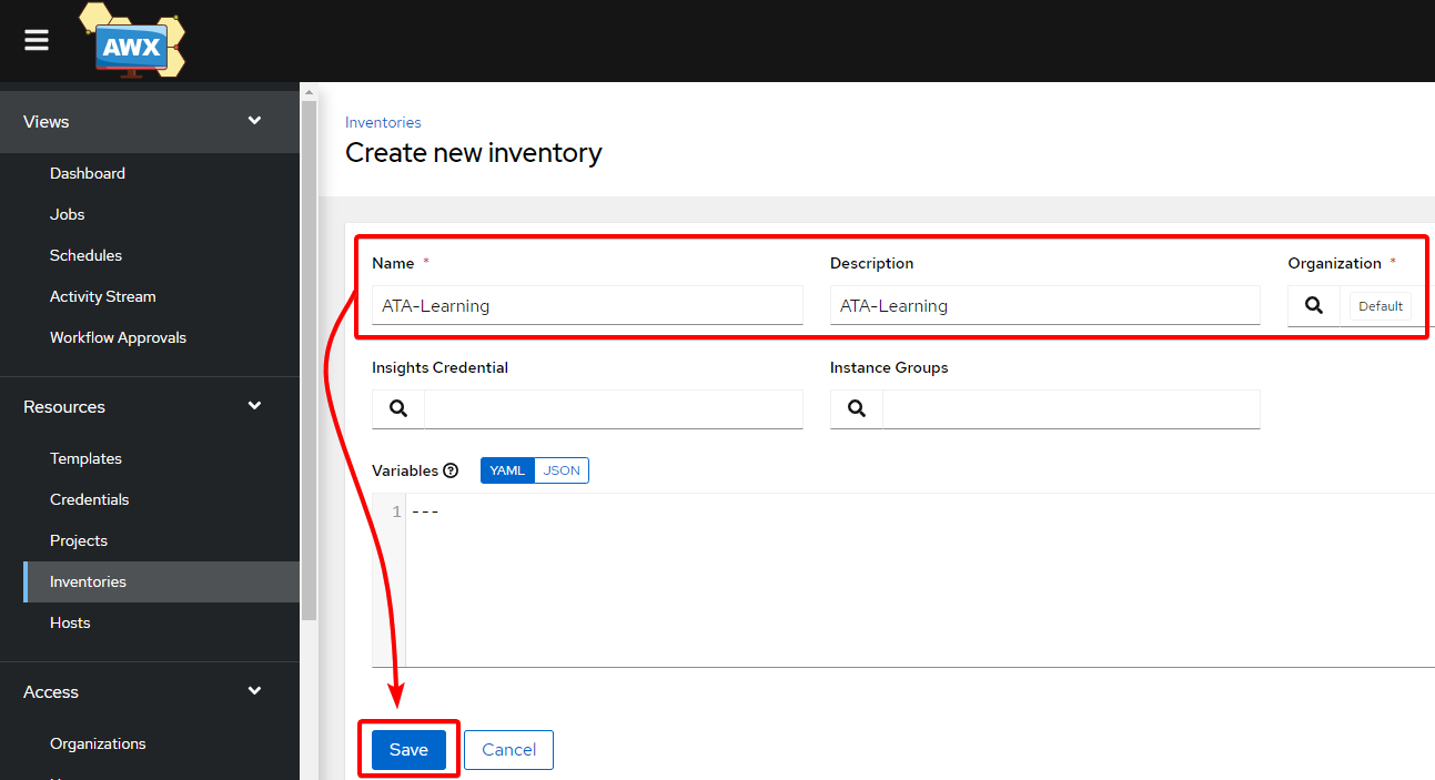 Creating an Inventory in the Ansible AWX Dashboard