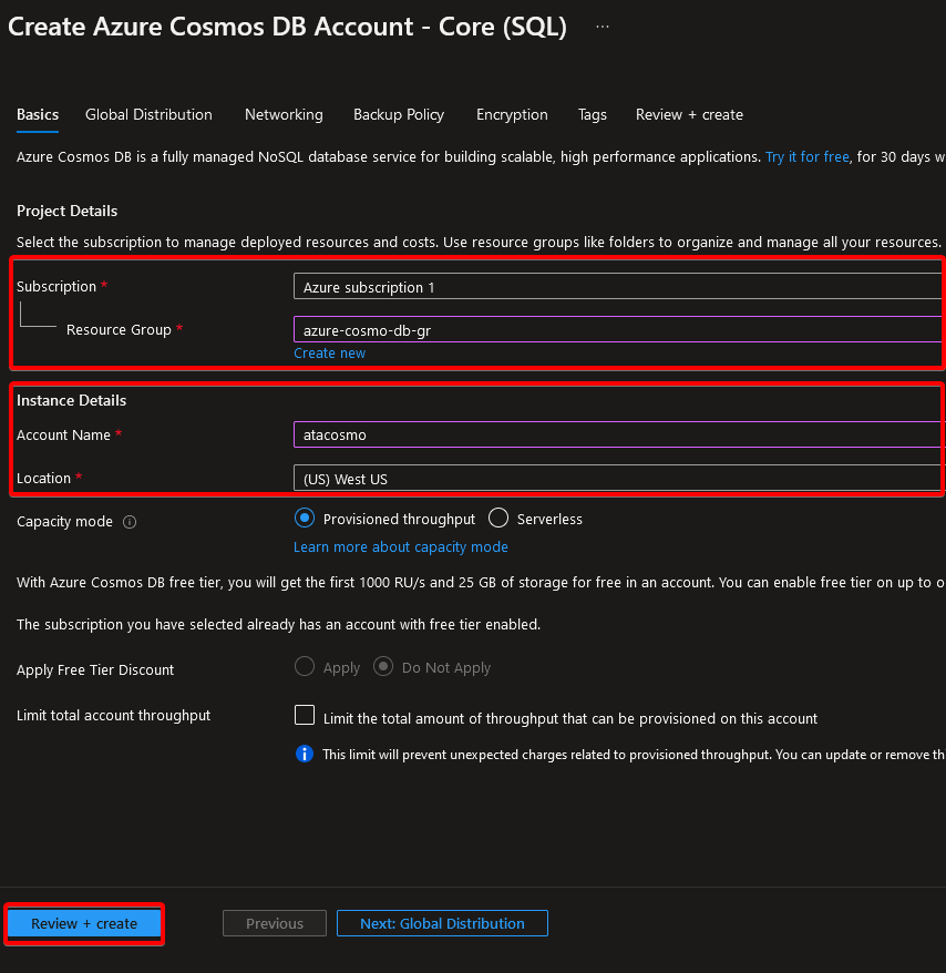 Configuring Azure Cosmos DB Account - Core (SQL)