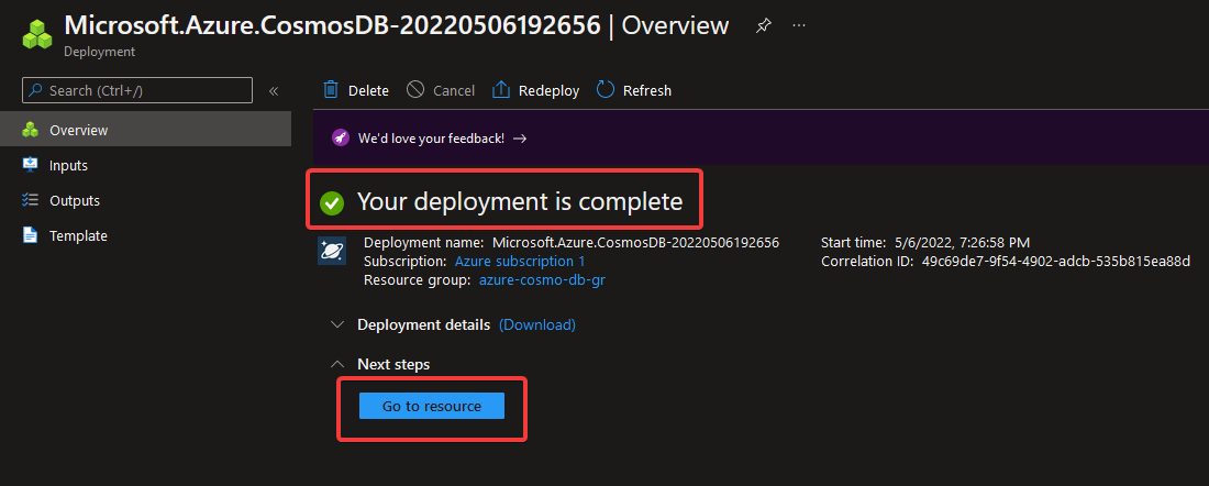 Accessing the Newly-created Azure Cosmos DB Account