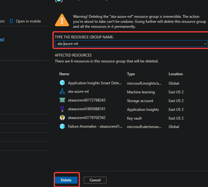 Deleting Azure Machine Learning Resource Group