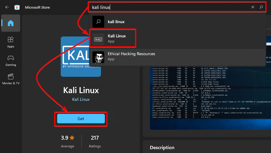 Installing Kali Linux via Microsoft Store