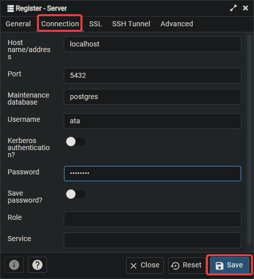 Configuring New Server Connection to PostgreSQL Server