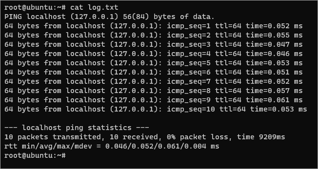Displaying the ping output file contents on the screen