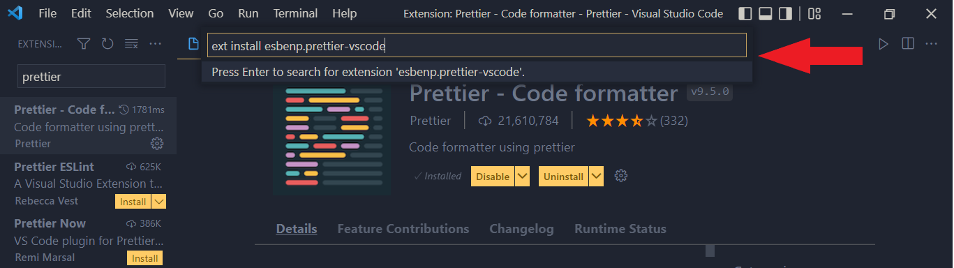 Installing the Prettier plugin via the command palette