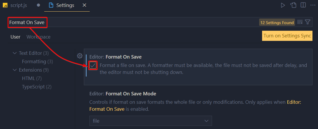 Enabling the Format On Save feature