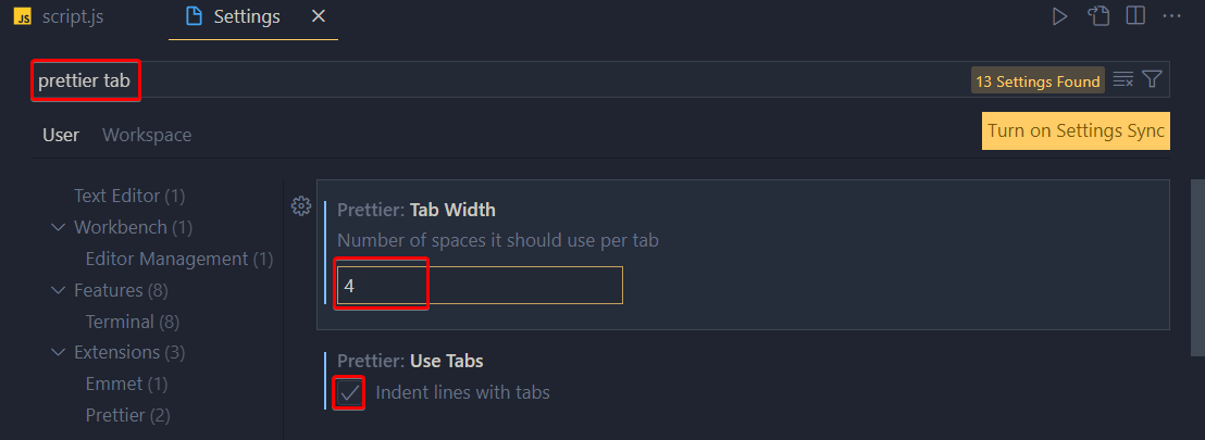 Setting Prettier to indent script with the Tab key