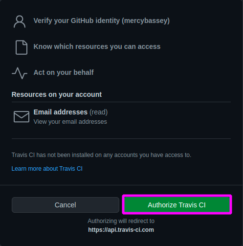 Authorizing Travis CI access to your GitHub account