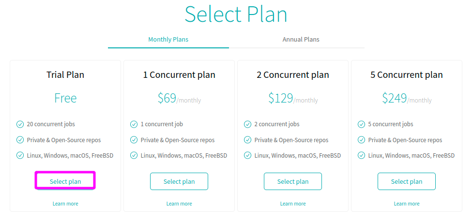 Selecting a free plan on Travis CI