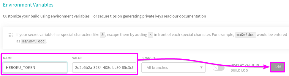 Adding environment variable (HEROKU_TOKEN)