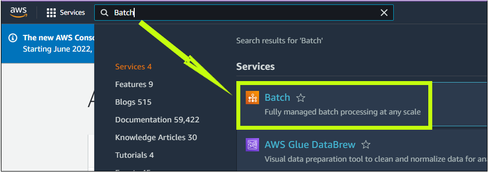 Opening the AWS Batch on the AWS Management Console