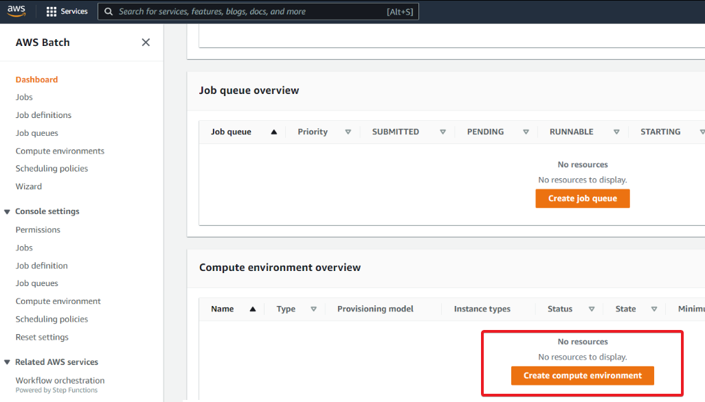 Initiating creating the compute environment for an AWS Batch job