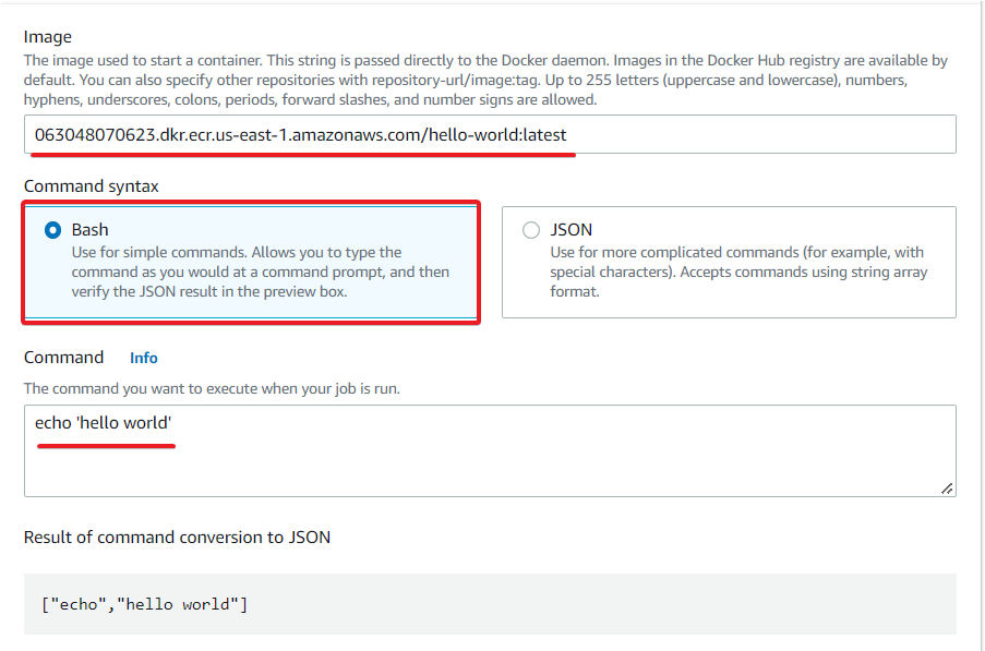 Specifying the image, command syntax, and command