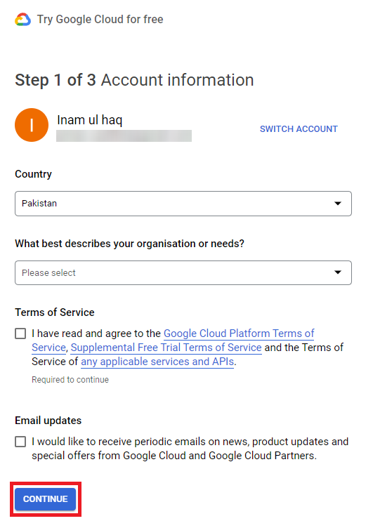 Filling up the required account information.