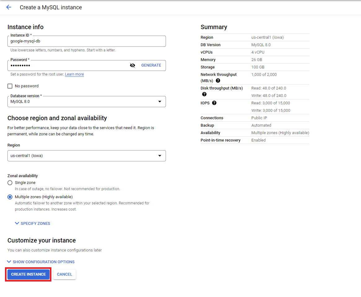 Creating a MySQL instance