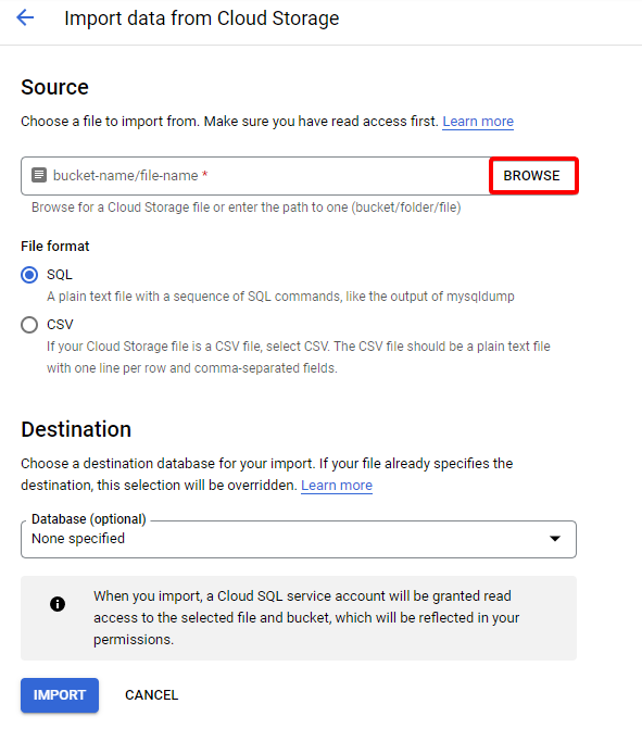 Choosing the source file to import