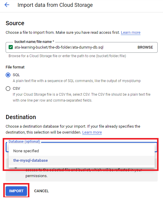 Importing database file to the destination database