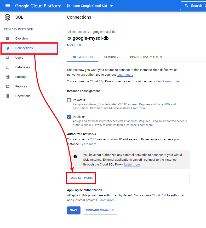 Initiating adding a local network to the Google Cloud SQL instance