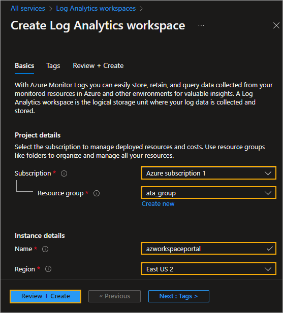 Setting up the log analytics workspace details