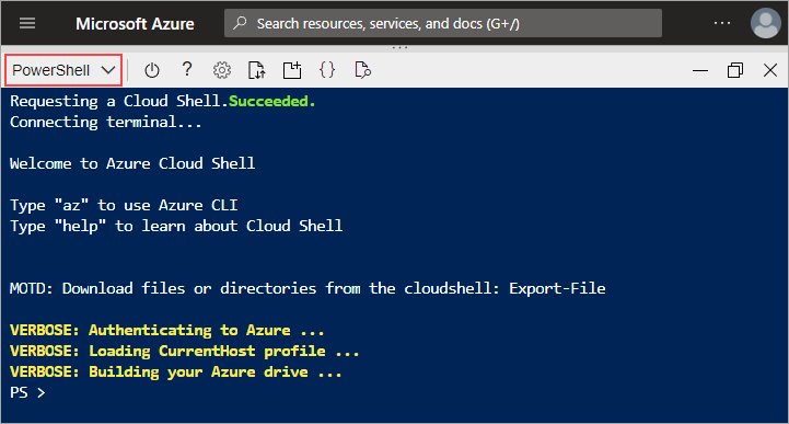 Selecting the PowerShell environment in the Azure Cloud Shell