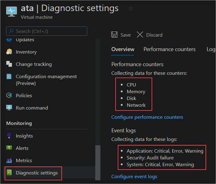 Viewing the VM diagnostic settings