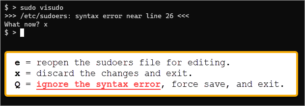 Handling the visudo sudoers file syntax error