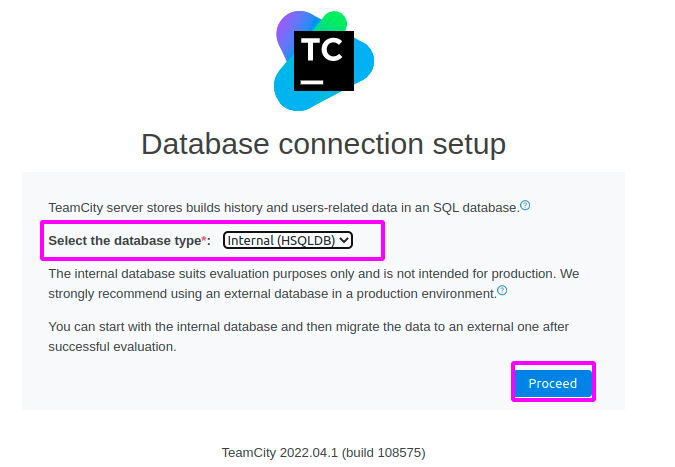 Proceeding with the default database type for TeamCity