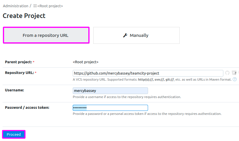 Creating a project via GitHub repository in TeamCity