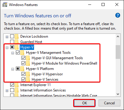 Enabling Hyper-V and its sub-features