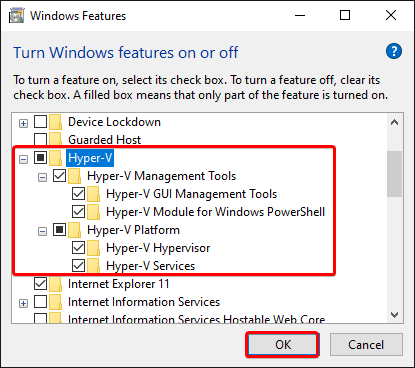 Cho phép Hyper-V và các tính năng phụ của nó
