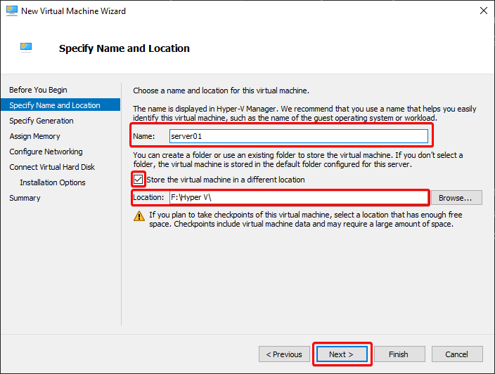 Specifying the new VM&rsquo;s name and location 