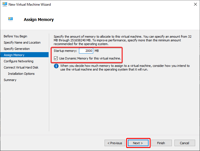 Assign the VM’s startup memory