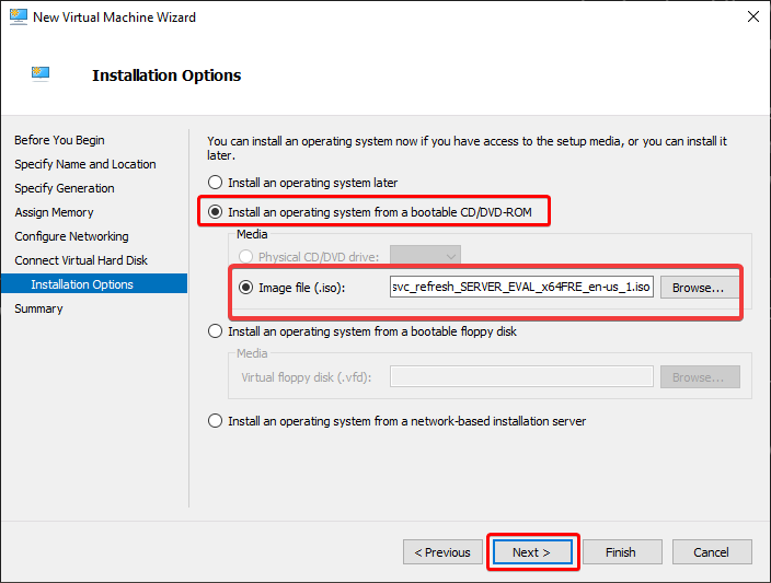 Selecting bootable image file (.iso) for OS installation options 