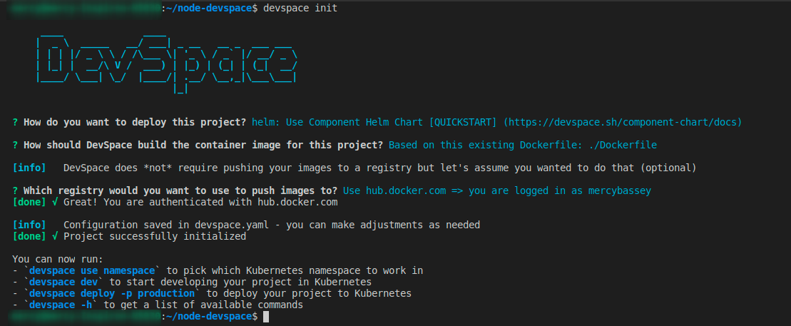 Verifying successful project initialization with DevSpace