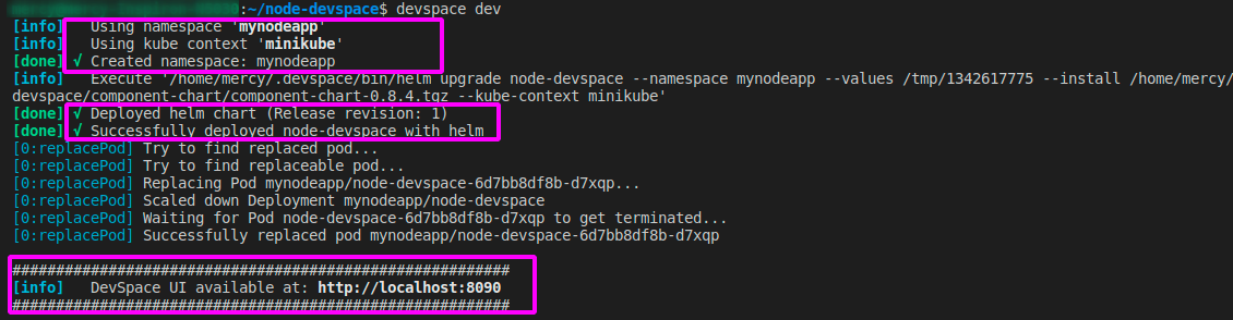 Verifying DevSpace namespace, deployment, and DevSpace UI