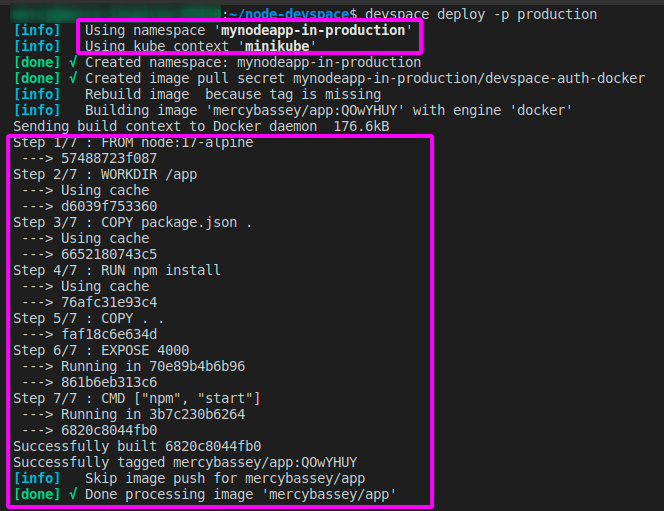 Verifying Docker image builds and namespace (mynodeapp-in-production) created by DevSpace 