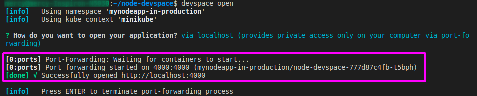 Viewing port-forwarding for the Node application Docker container 