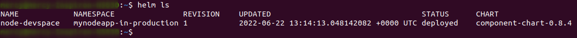 Viewing helm charts created by DevSpace in the mynodeapp-in-production namespace
